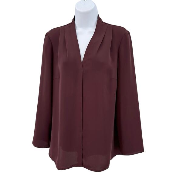 Nic + Zoe Burgundy Long Sleeve Pleated Chiffon Blouse Womens Small V-Neck Hi Low - Picture 1 of 7